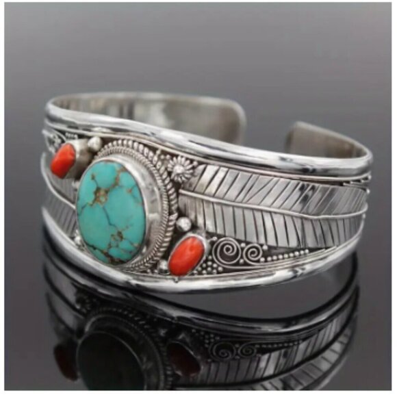 Silver Plated Cuff Bracelet - Western Boho - Turquoise & Red accent Ston… - Picture 2 of 4